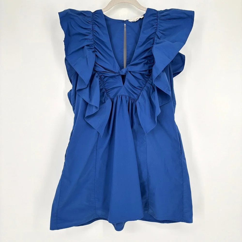 Anthropologie Blue Tassel Ruffled Waistless Mini Dress V-Neck Bold Blue Sz‎ S - Picture 2 of 13